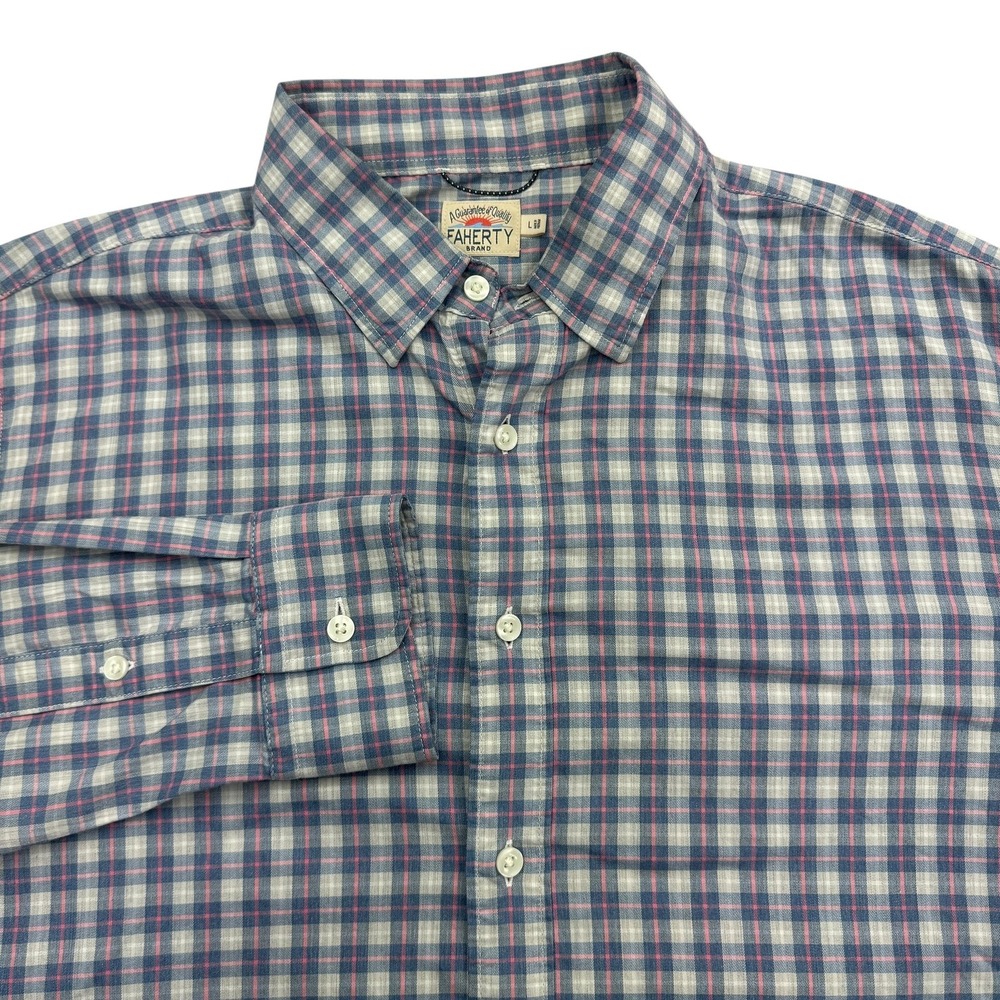 Faherty Shirt Mens L Blue Pink Plaid Supima Cotton Nylon Long Sleeve Button Up